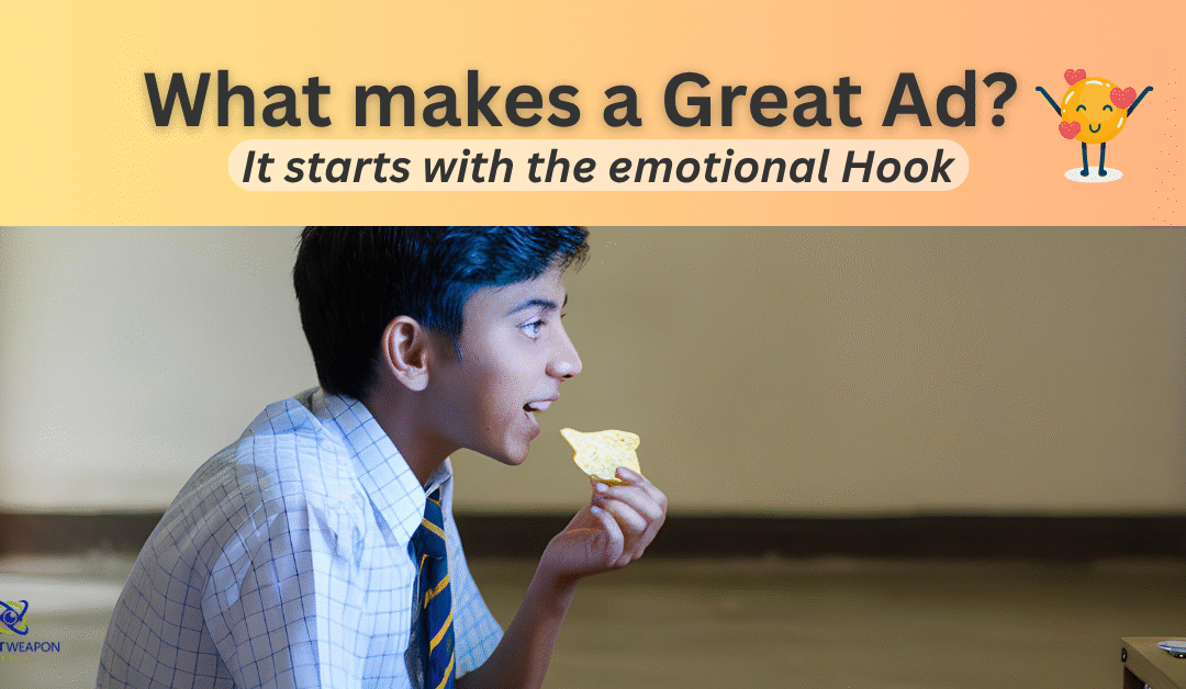 A young boy watches a glowing TV screen with anticipation while holding a chip, illustrating the emotional power of great advertising. Text overlay reads: “What makes a Great Ad? It starts with the emotional Hook.”